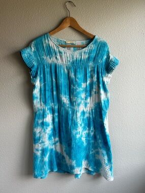 Blue Tie-Dye Cotton Short Sleeve Dress